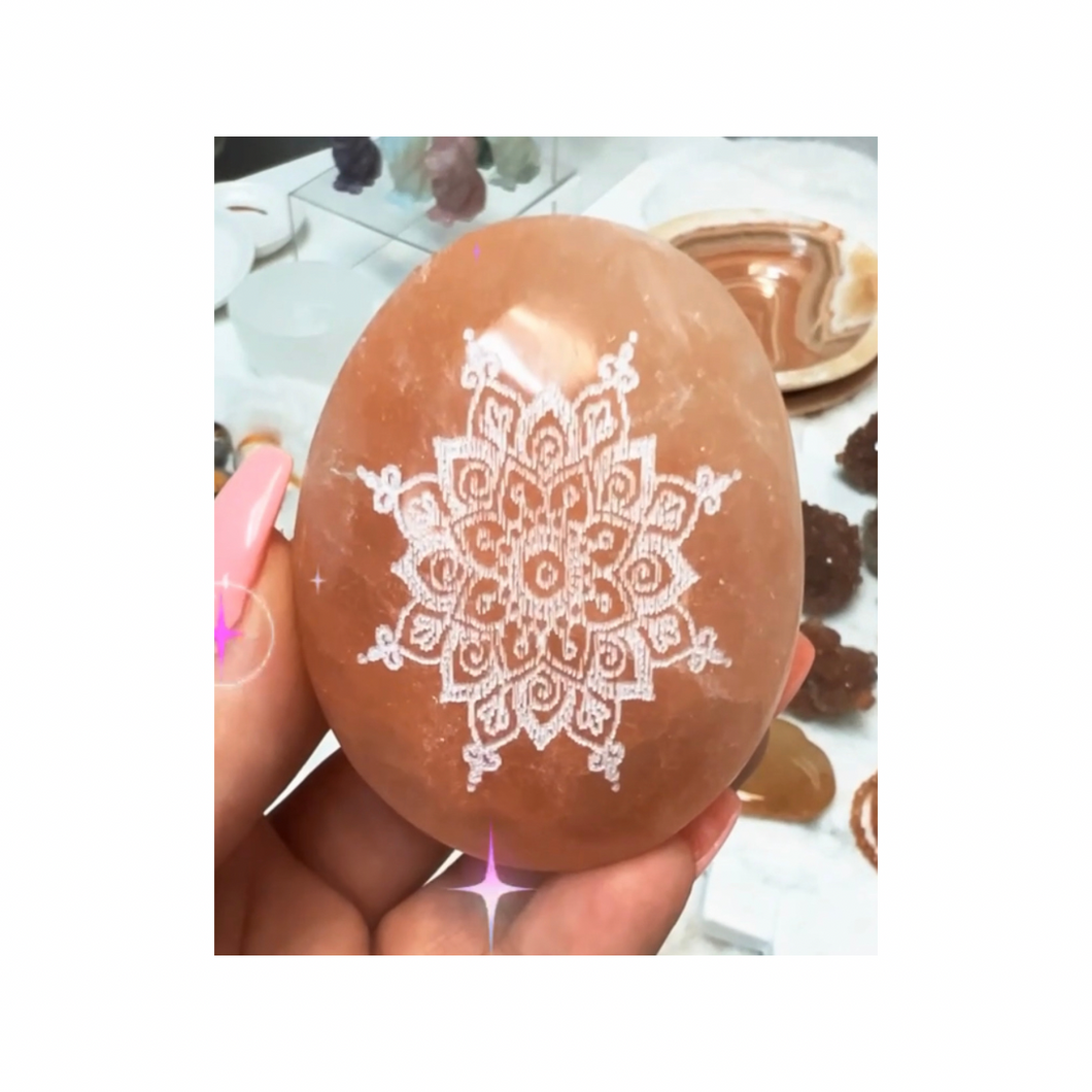 PEACH SELENITE MANDALA PALM STONE