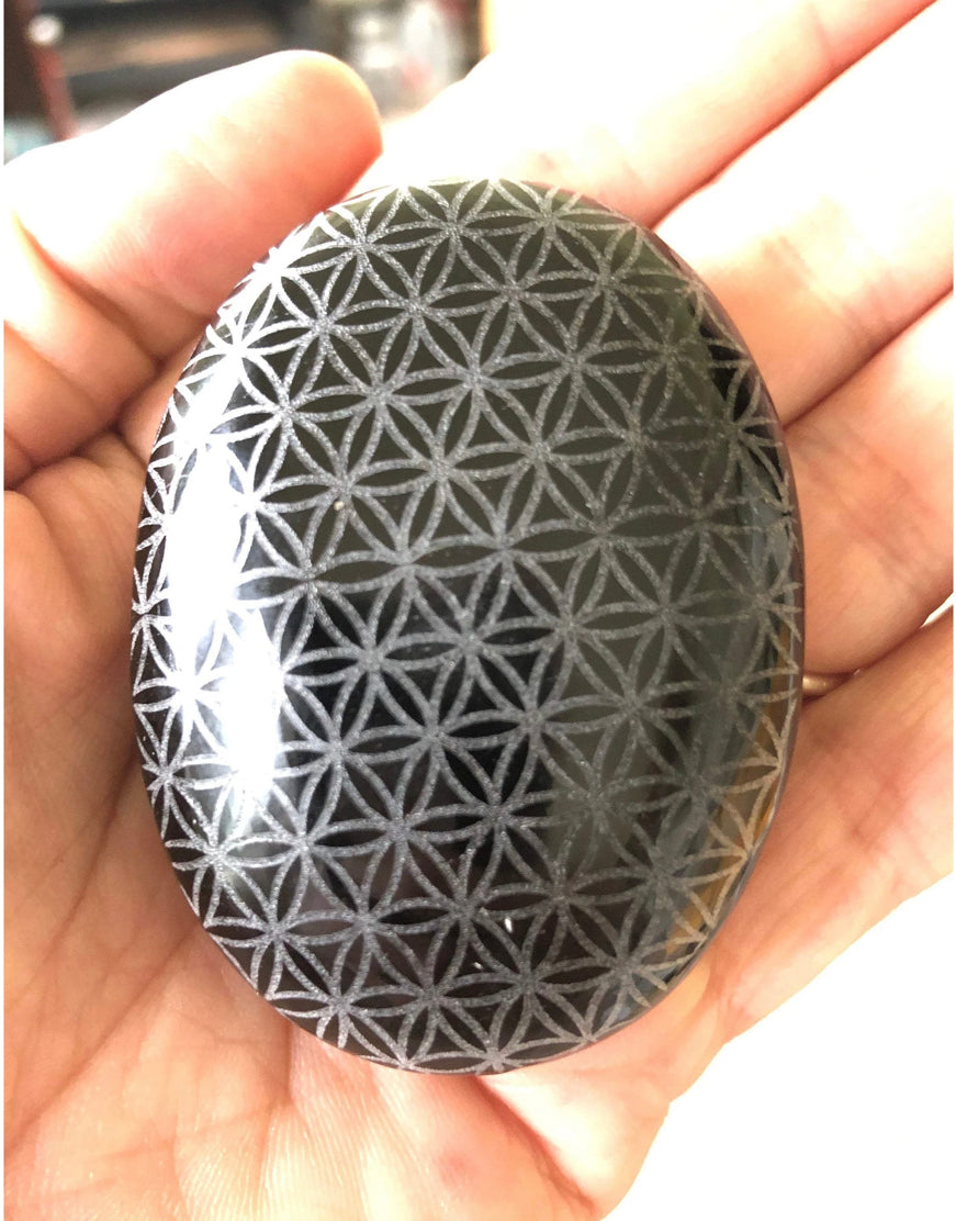 Obsidian Flower of Life Palm Stone